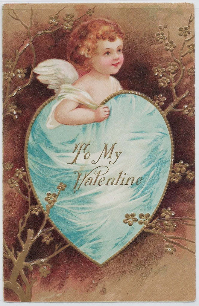 Vintage Valentine Postcard Gold Embossed Cupid with Giant Blue Heart Attributed Clapsaddle