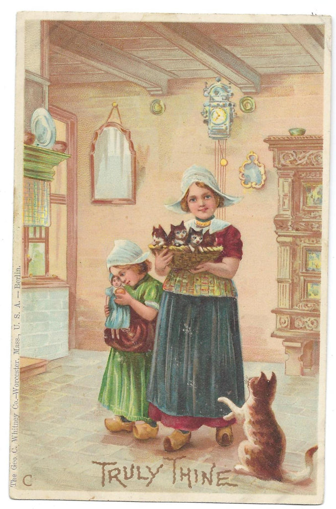 Valentine Postcard Dutch Girls Holding Basket of Kittens Mama Cat at Feet Rare George Whitney Publishing Early Undivided Card