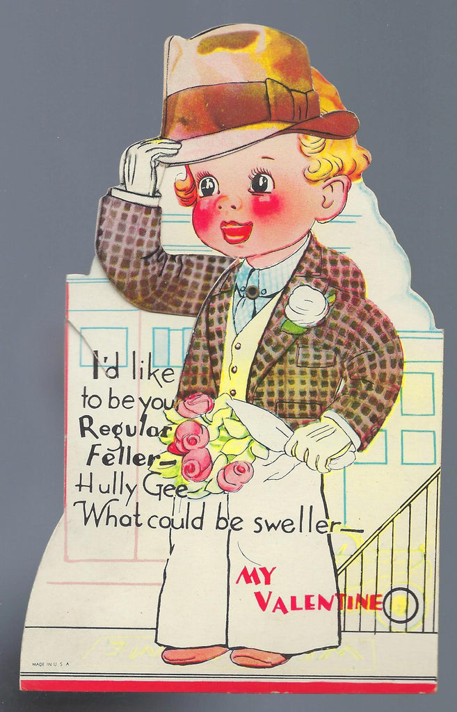 Die Cut Valentine Card Boy w/ Flowers Tipping Hat