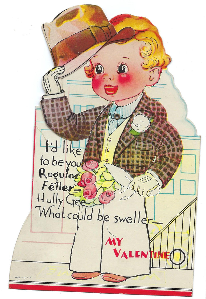 Die Cut Valentine Card Boy w/ Flowers Tipping Hat