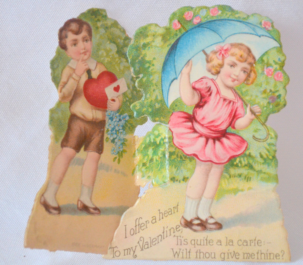 Vintage Fold Out Valentine Card Little Girl & Boy Hide and Seek