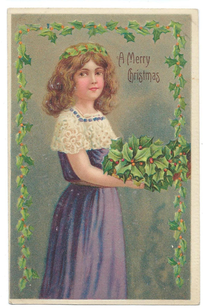 Christmas Postcard Young Girl Holding Holly Standing in Purple Gown Embossed Card Series 769
