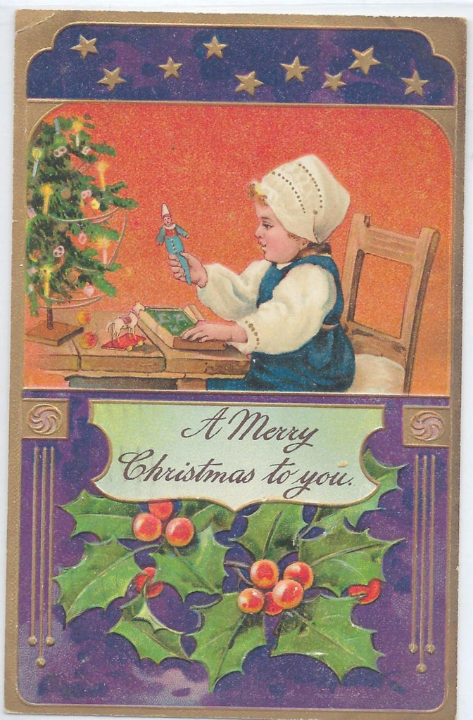 Christmas Postcard Gold Embossed Card Child Playing with Toy Merry Christmas PFB Publishing Series 9103