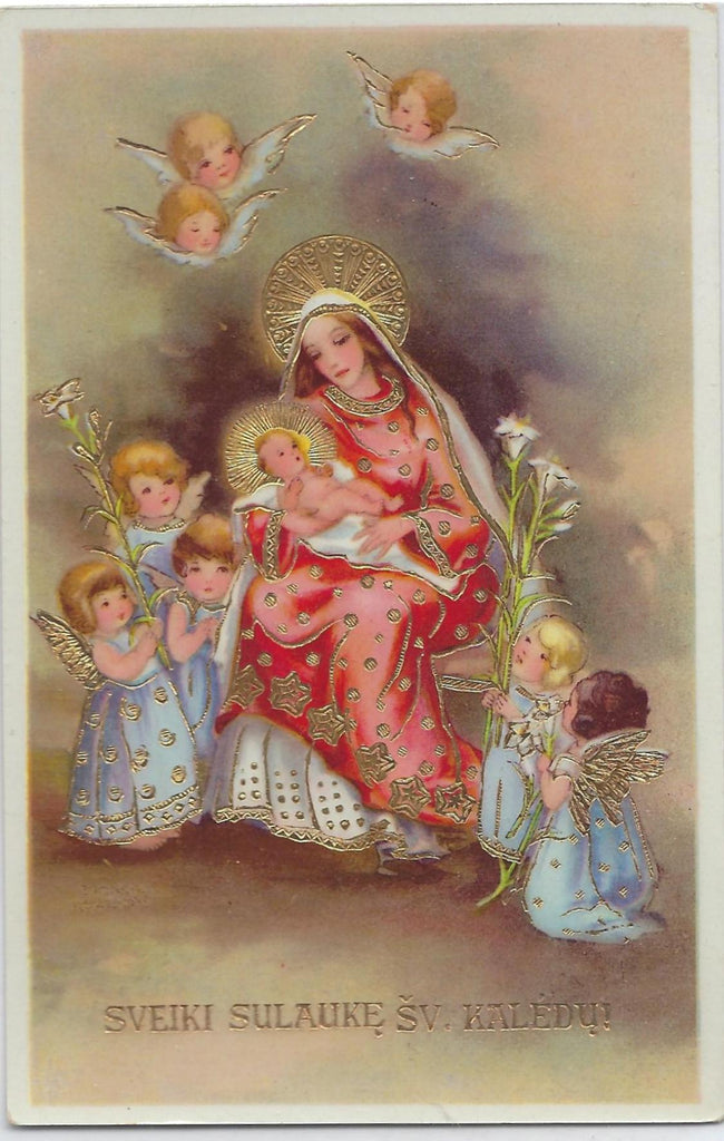 Merry Christmas in Slovakian Religious Theme Postcard Gold Highlight Series 2808 Gel Finish Mary Holding Baby Jesus Angels Above