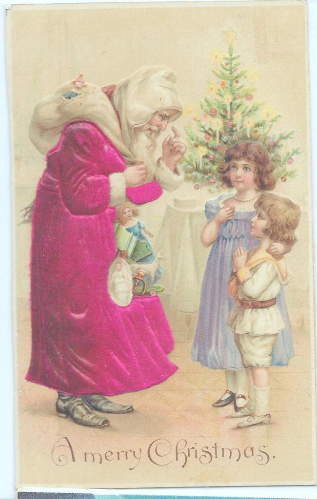 Rare Christmas Postcard Old World Santa Claus in Maroon Pink Silk Robe with Children