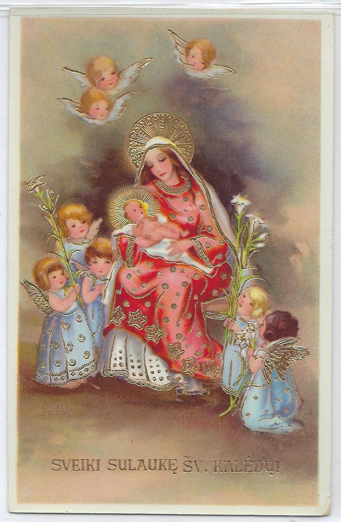Merry Christmas Slovakian Religious Theme Gold Highlights Series 2808 Gel Finish Mary Holding Baby Jesus Angel Children Surrounding