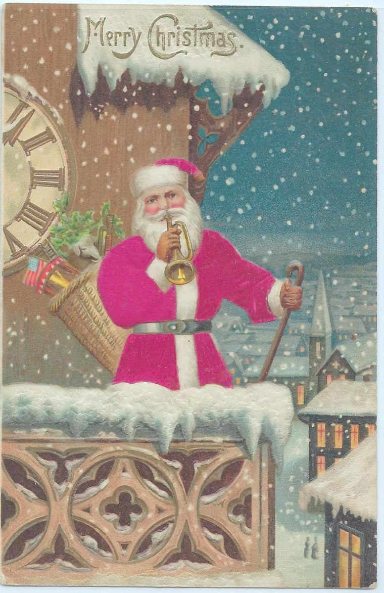 Christmas Postcard Santa Claus in Red Silk Robe St Nick Blowing Trumpet on Balcony