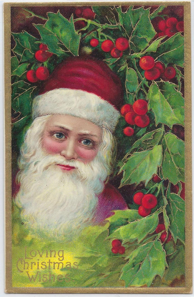 Christmas Postcard Santa Claus Old World St Nick Red Robe Series 1480 Profile in Holly