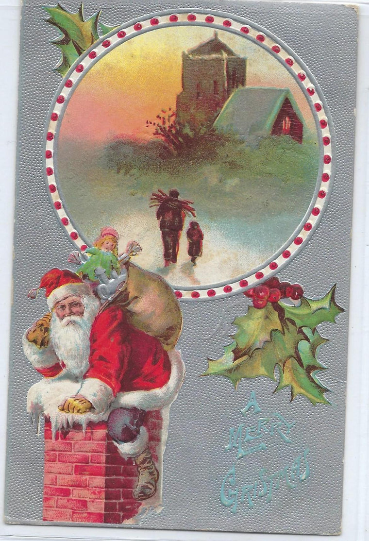 Christmas Postcard Santa Claus in Red Suit Going Down Chimney Silver Background