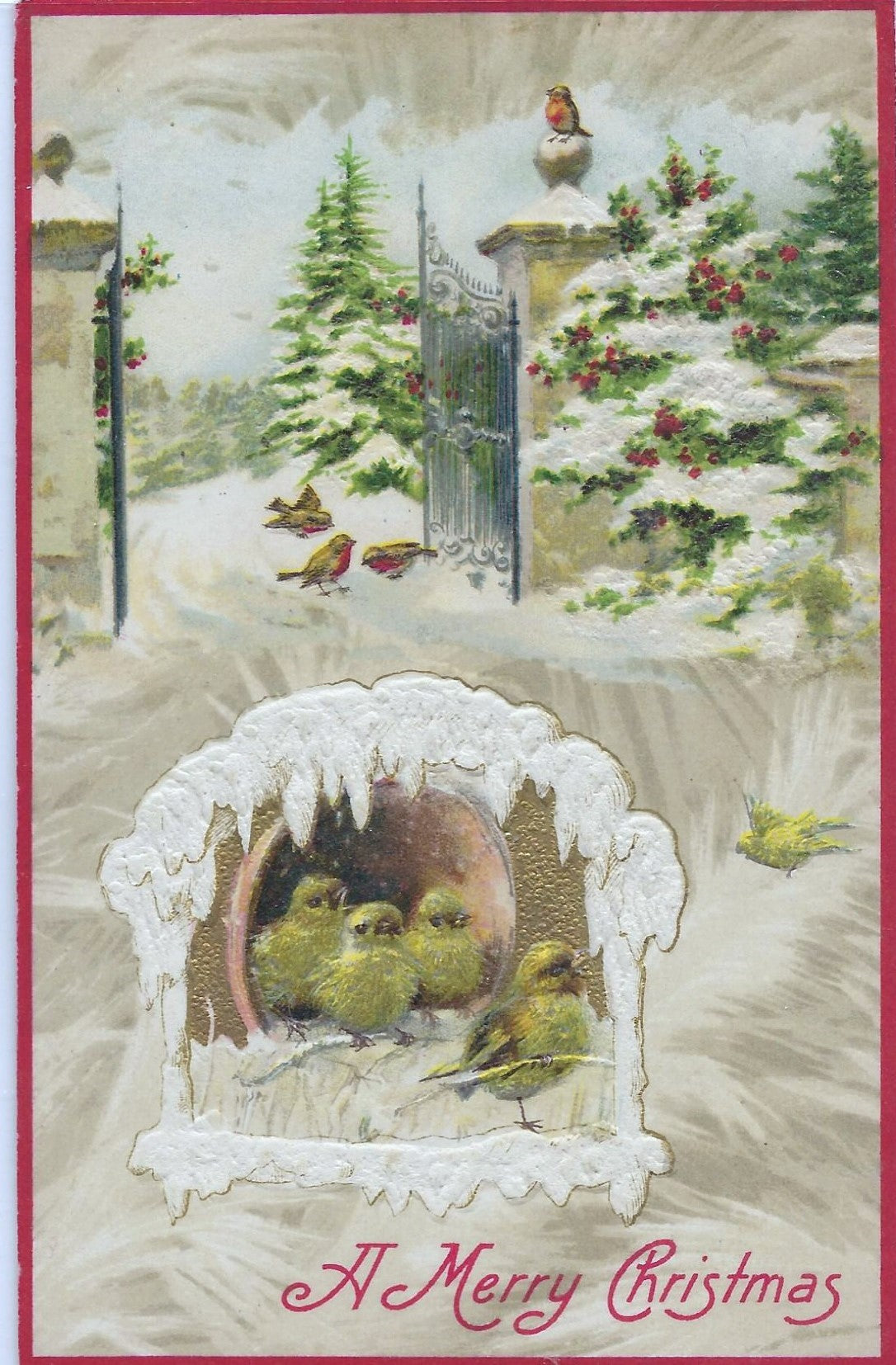 Snow Birds Amongst Wintery Landscape Gold Embossed Christmas Postcard Winsch Publishing