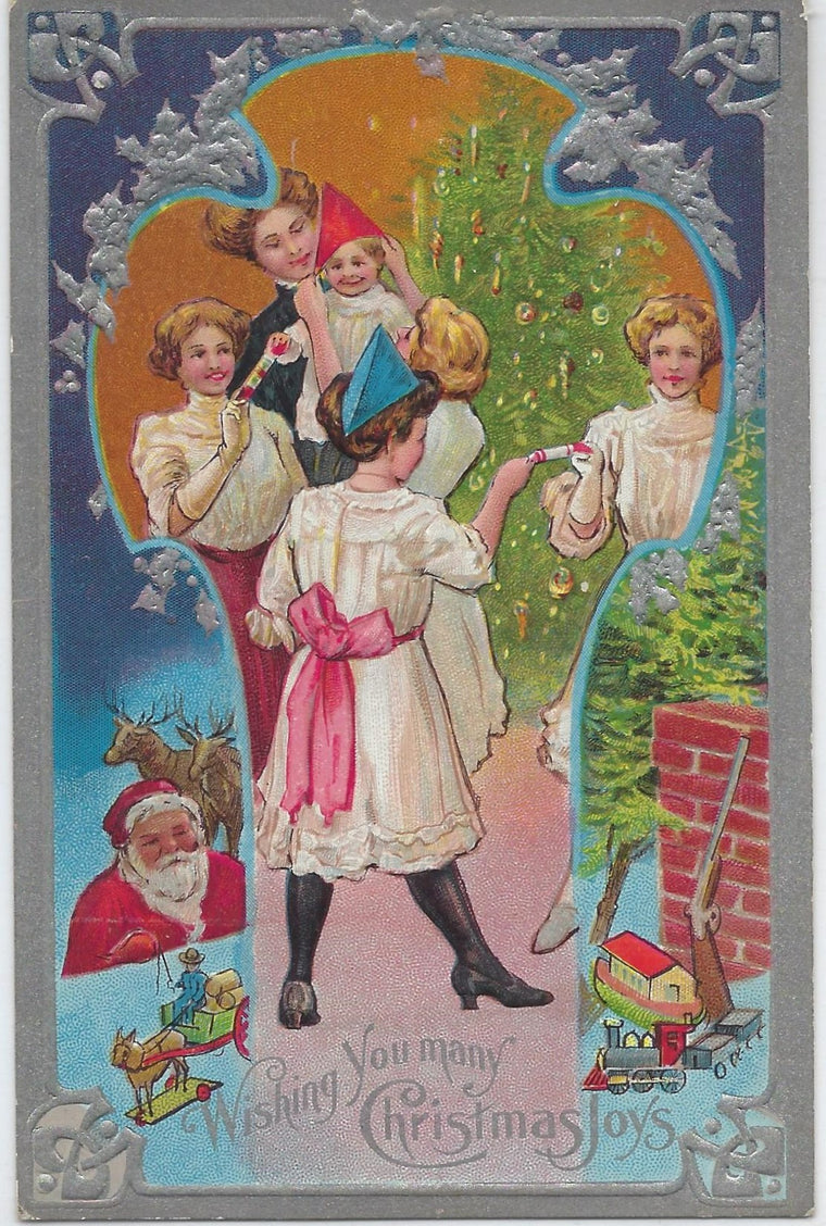 Night Before Christmas Series Postcard No 1 Silver Embossed Family Celebrating The Holiday