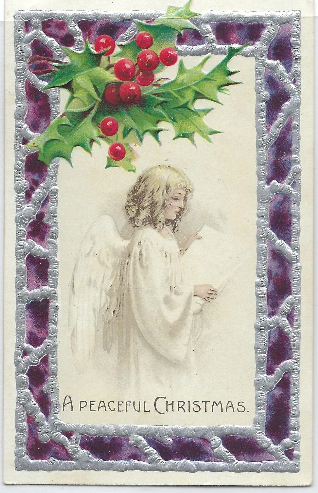 Christmas Postcard Angel Child Singing Hymns Purple & Silver Embossed Trim Printed in Germany