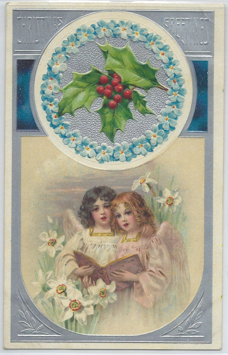 Christmas Postcard Angels Singing Silver Embossed Background Printed in Germany