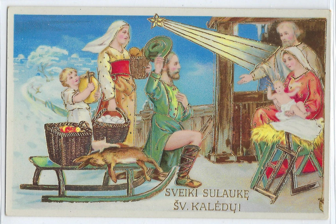 Christmas Postcard Religious Theme Holy Family Bearing Gifts Gold Highlighted