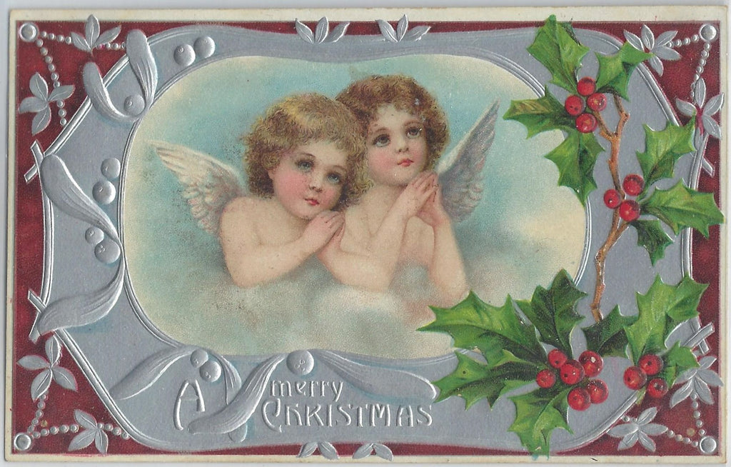 Christmas Postcard Little Angels Silver Foil Embossed Attr. Clapsaddle