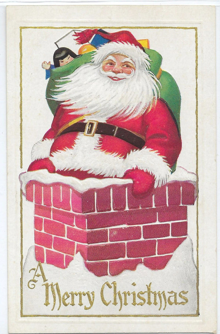 Christmas Postcard Santa Claus in Chimney Made in USA