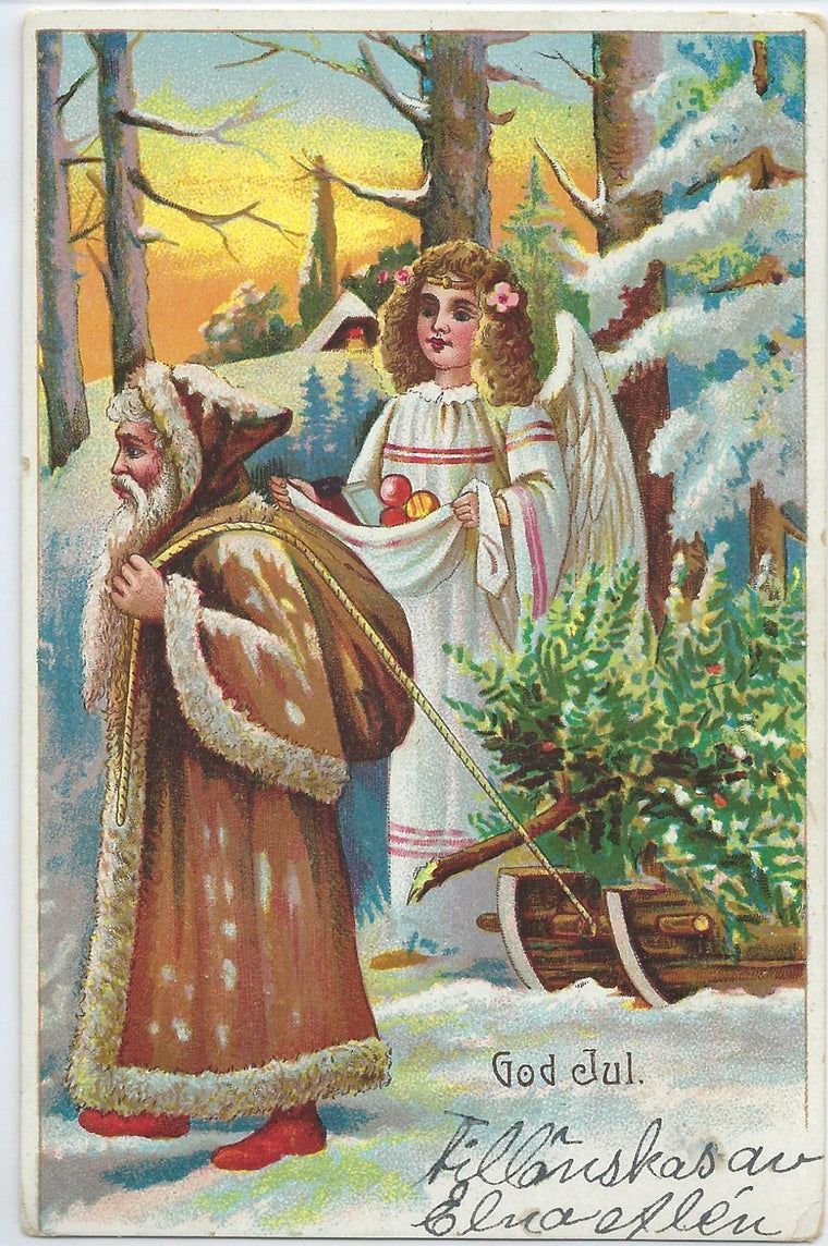 Christmas Postcard Brown Robe Santa Claus w/ Angel in Woods