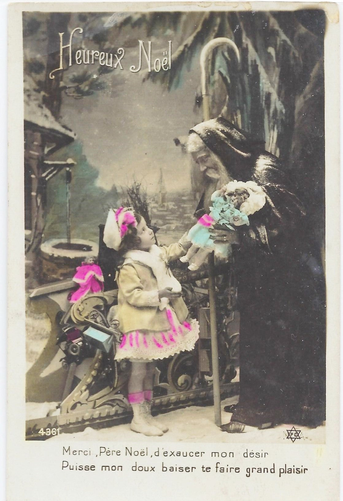 Real Photo Style Postcard Santa Claus Offering Child Toy French Hand Tinted