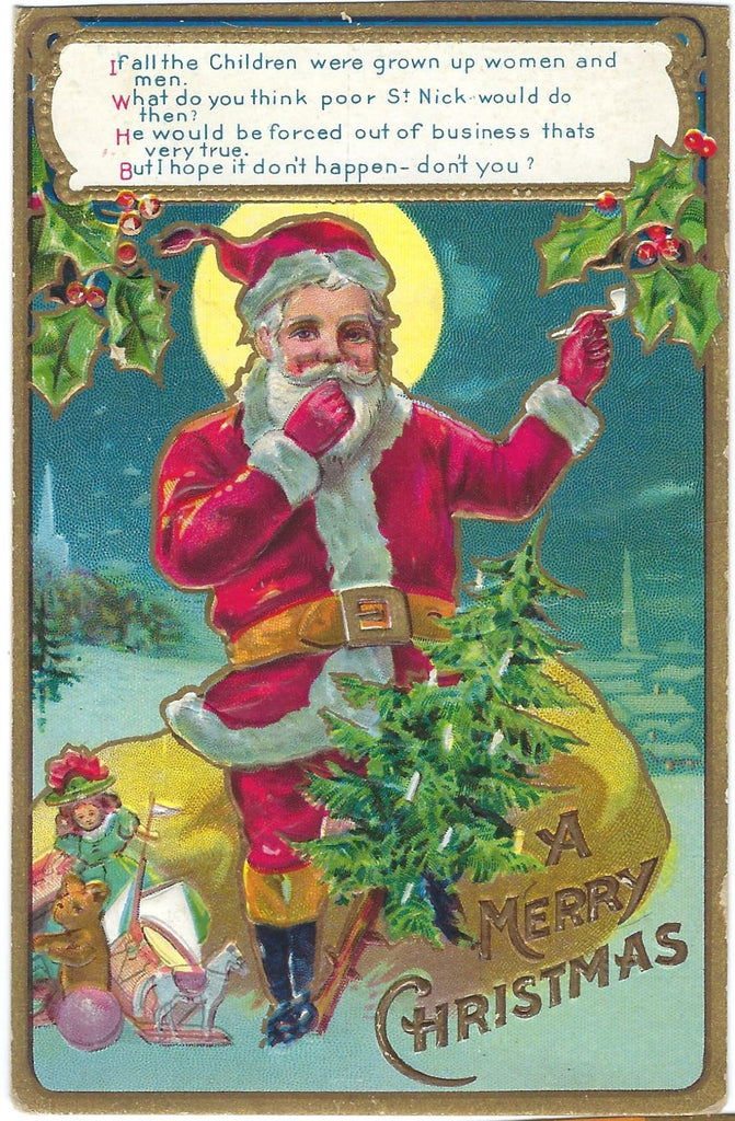 Christmas Postcard Santa Claus Kris Kringle Series No 1 Santa Sitting on Bag of Toys