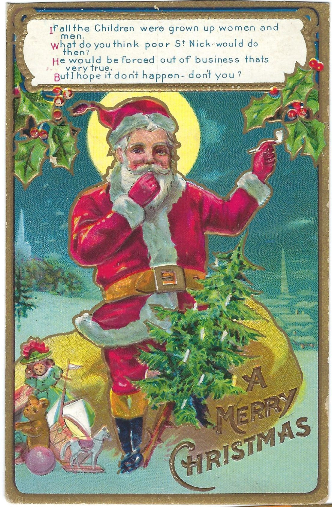 Christmas Postcard Santa Claus Kris Kringle Series No 1 Santa Sitting on Bag of Toys