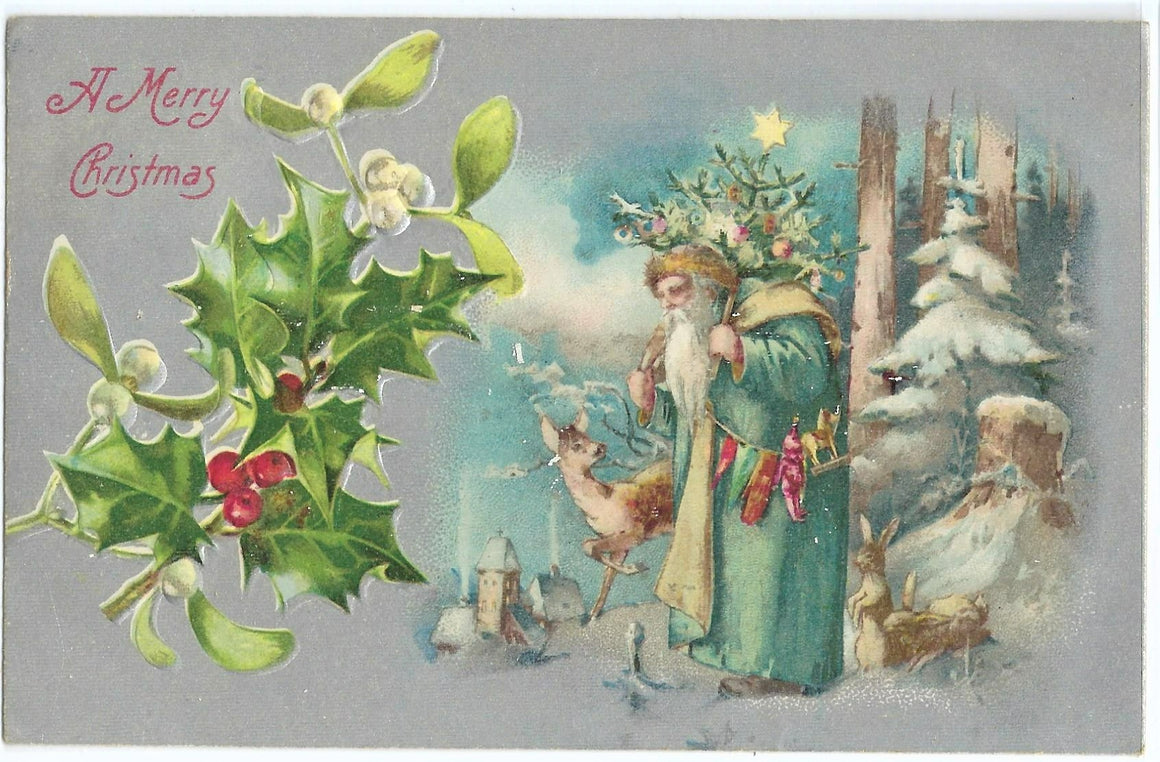 Santa Claus Postcard Old World in Aqua Green Robe Forest Animals Silver Background John Winsch Publishing Germany