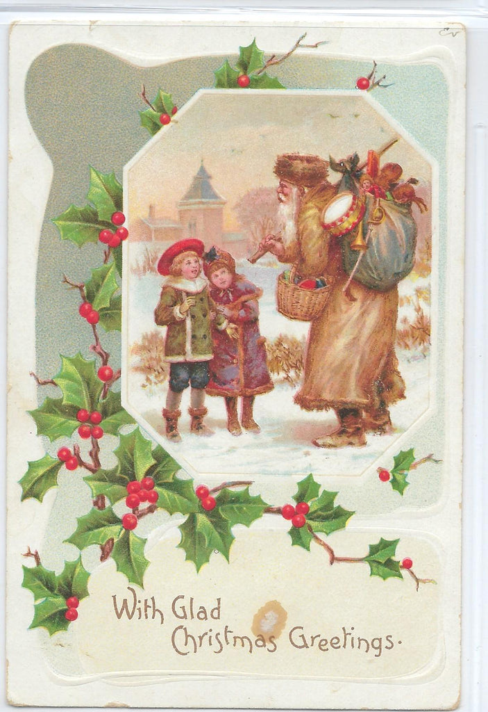 Christmas Postcard Santa Claus Brown Coat with Children Holly Border Printed in Germany