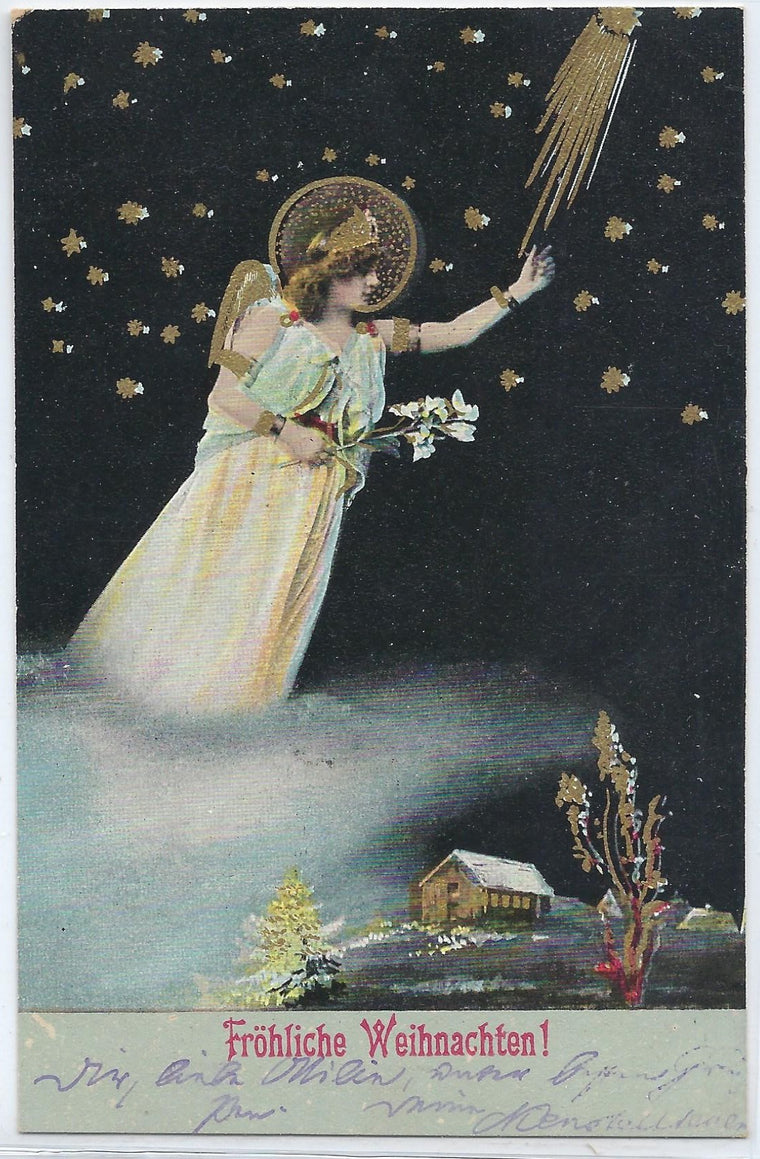 Christmas Postcard Angel with Shooting Stars Gold Embossed