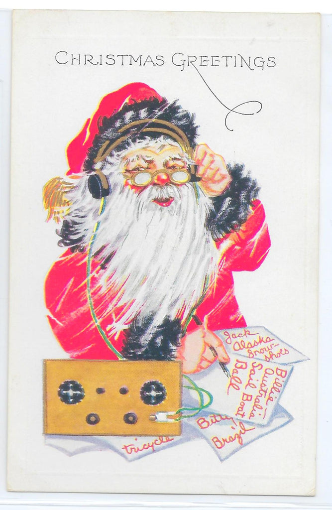 Christmas Postcard Santa Claus on Radio Filling Naughty Nice List Embossed Card USA Publishing