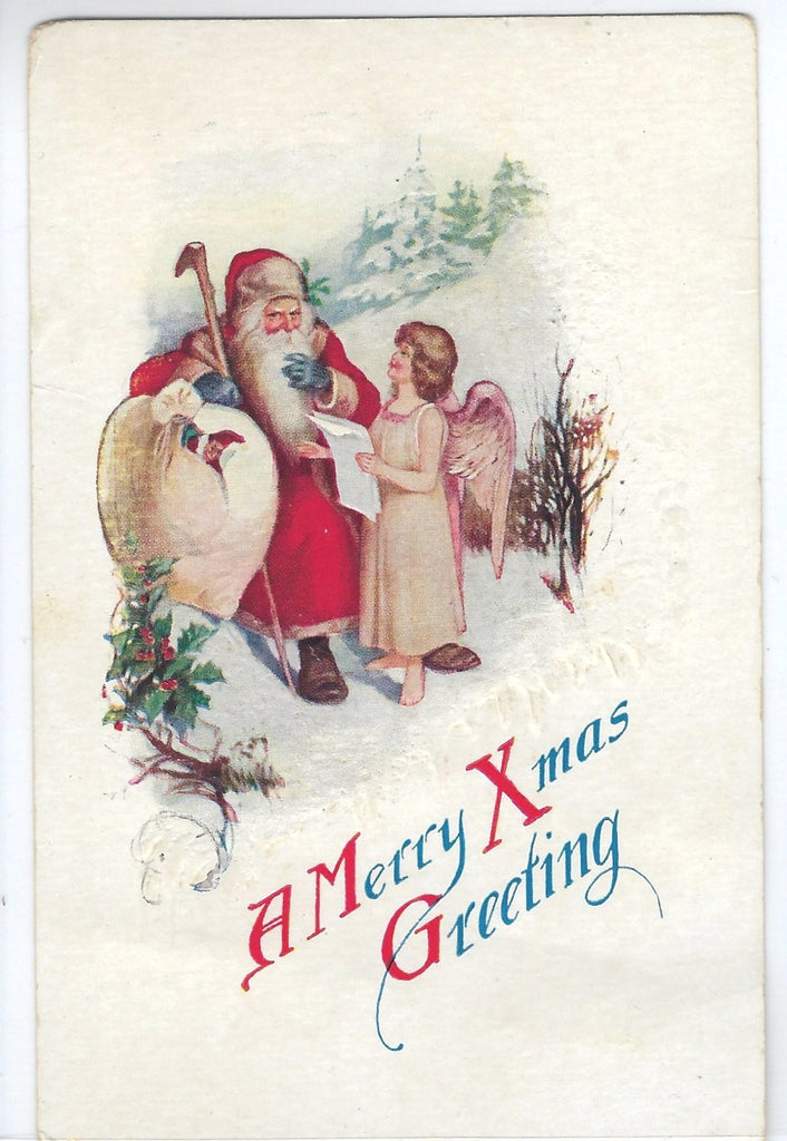 Embossed Christmas Postcard Santa Claus in Winter Outdoors with Angel Holding Nice List