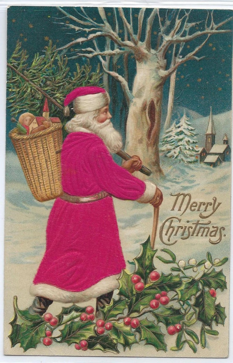 Christmas Postcard Embossed German Santa Claus in Silk Robe Walking in Snow w/ Toy Basket