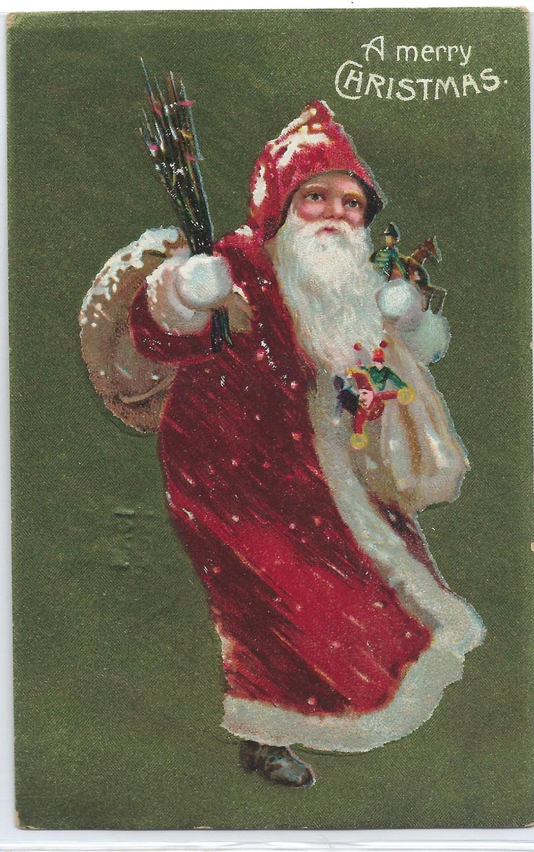 Christmas Postcard Santa Claus in  Red White Trimmed Robe Holding Toy Bag Green Background Series 8057