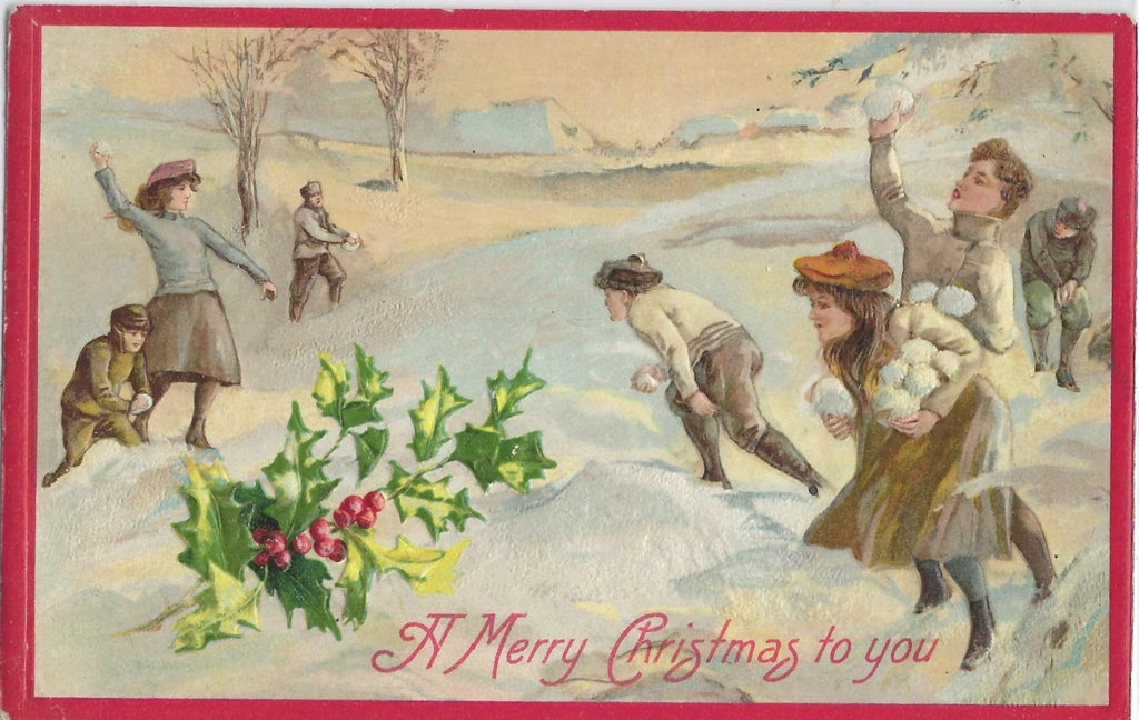 Christmas Postcard Children Having Snowball Fight Red Border John Winsch Publishing