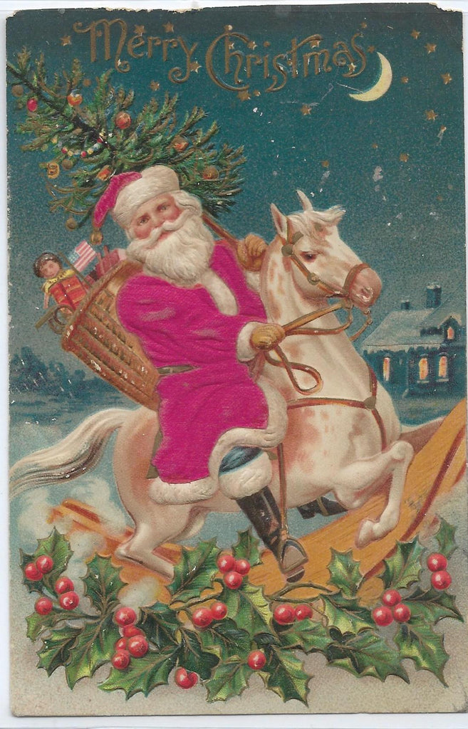 Christmas Postcard Santa Claus in Red Silk Robe St Nick on White Rocking Horse