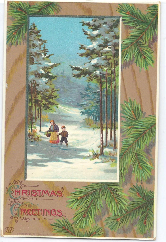 Christmas Postcard Snowy Landscape Mother & Son Walking Pine Tree Border Gel Shine Finish EAS Publishing Germany