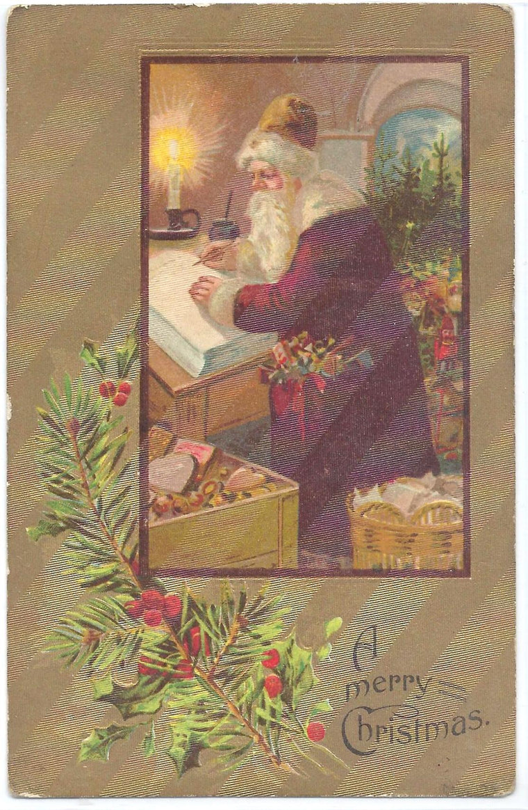 Christmas Postcard Santa Claus Old World St Nick w/ Naughty Nice List Series 1358 Gold Background