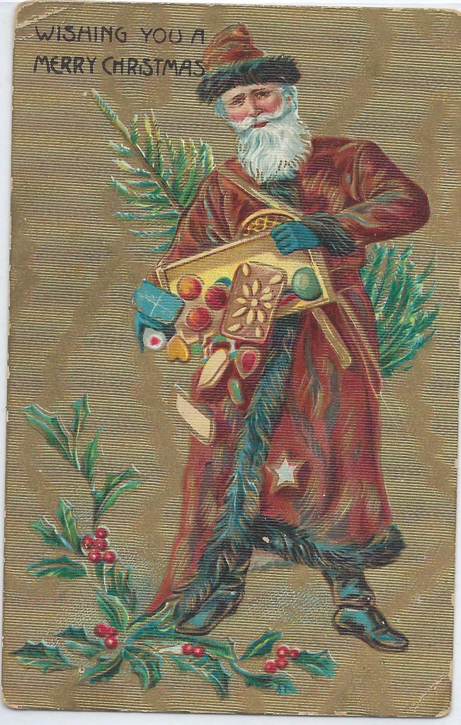 Christmas Postcard Santa Claus Old World St Nick Shaking Out Box of Goodies Series 1358 Gold Background